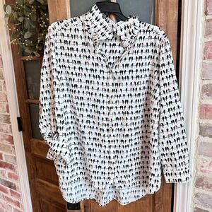 Jane Delancey Bird Print Button Up Shirt Women White Black Long Sleeve XL NO TAG